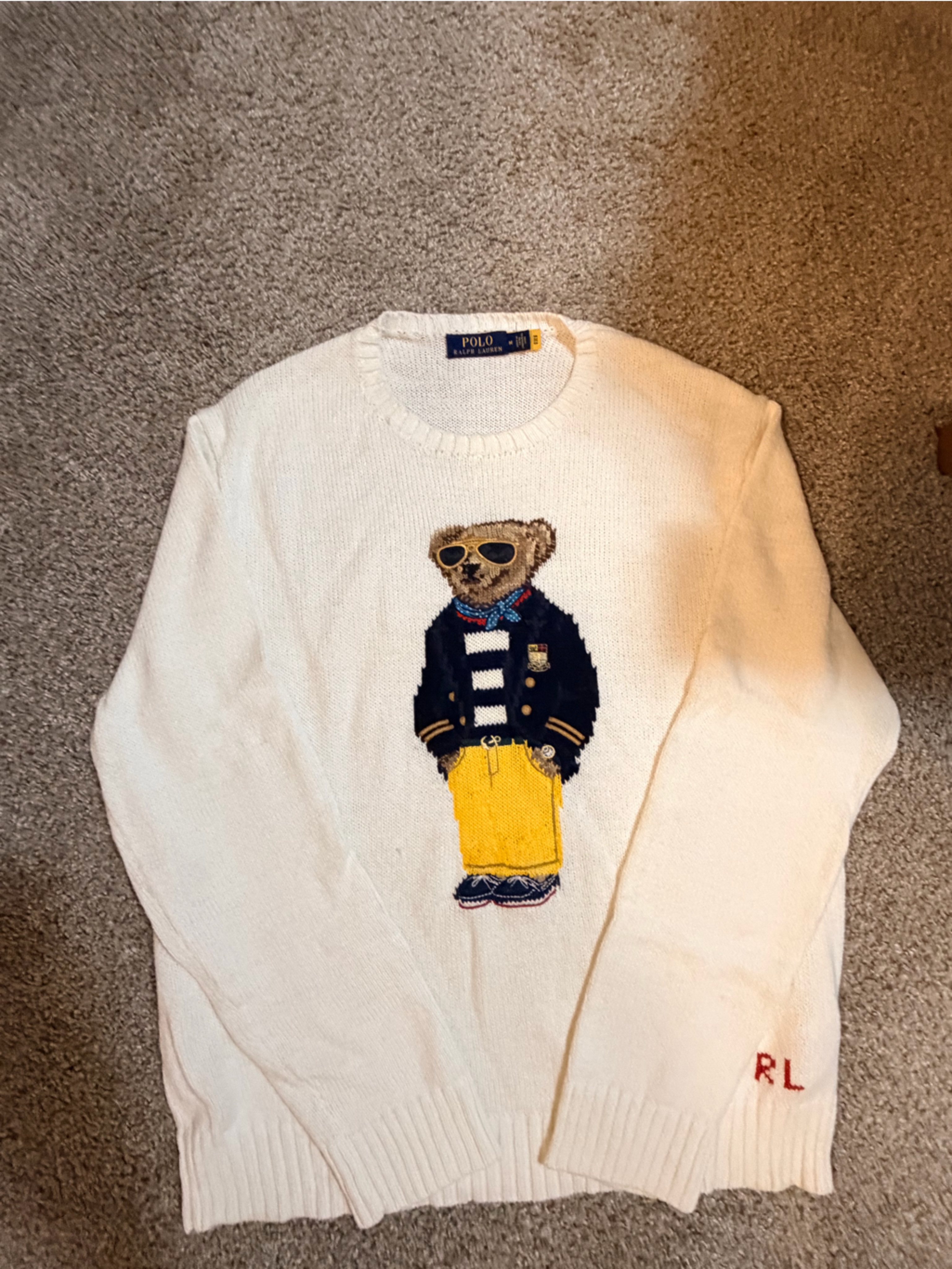 Ralph Lauren Cream Bear Sweater With Navy And Yellow Details